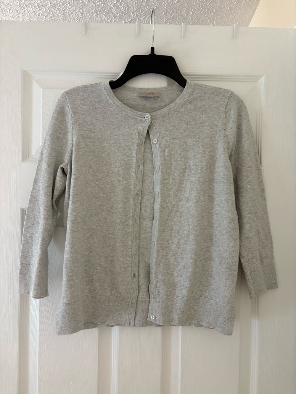 LOFT Light Gray Crewneck Button-Front Cardigan